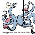 An illustration of an octopus holding a wine glass and scientific equipment. The text reads "Science Uncorked, pairing delicious wines with delicious ideas"
