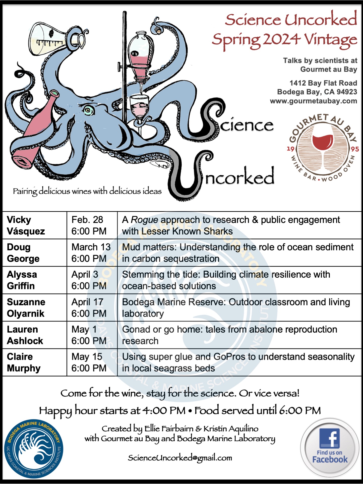 A flyer advertising Science Uncorked at Gourmet au Bay in Bodega Bay. Please see the event listing for full text from the flyer.