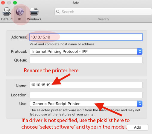 add printer by IP address