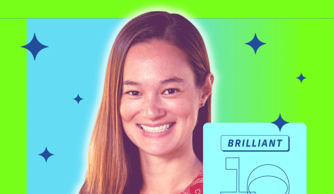 A bright green and blue background and banner that reads "Brilliant 10" with an image of a person with mid-length brown hair, wearing a short sleeve red button down and smiling at the camera.