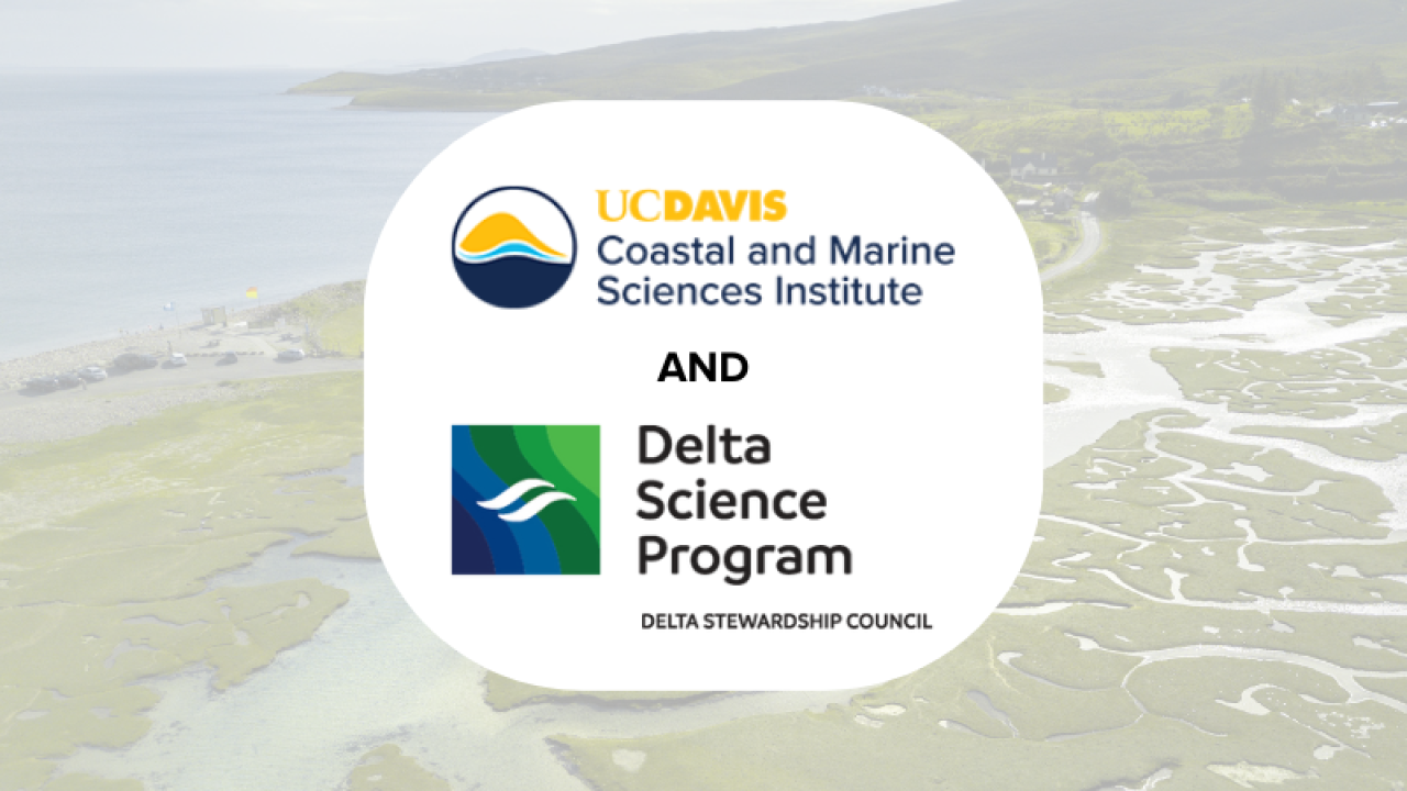 An image of a delta side by side with the ocean. Over it are the logos for CMSI and the Delta Science Program