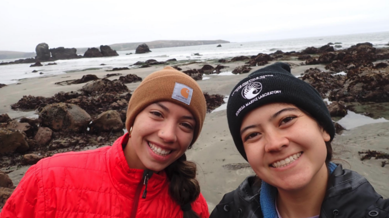 A close up of two people dressed for cold weather in beanies and jackets. Behind them is a rocky intertidal area.
