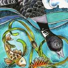 An illustrated book cover showing a goose and swirling sea grass. The title reads "Suzie and the Eelgrass Geese"